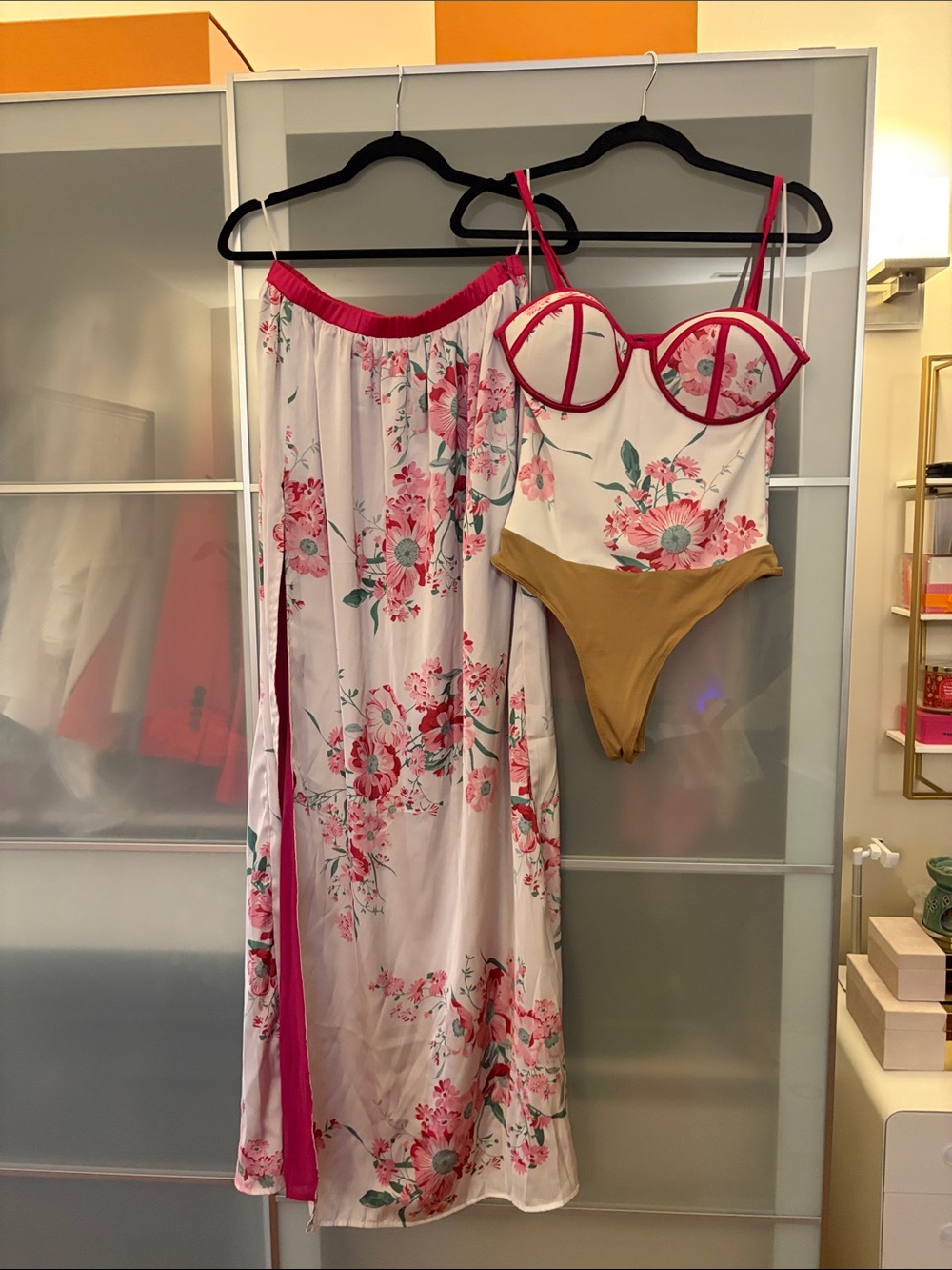 Floral Pink Trim Bodysuit and Matching Skirt